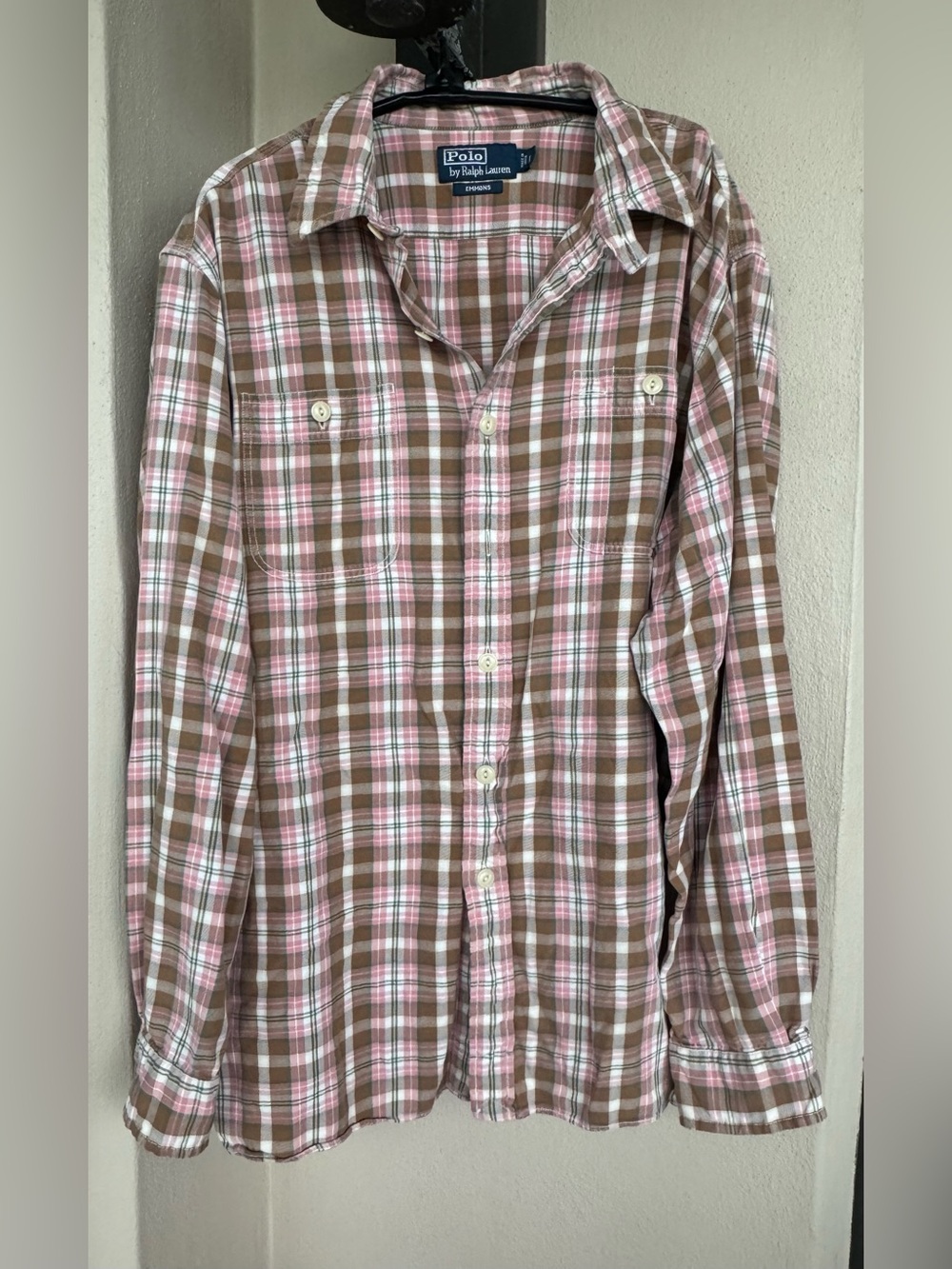 Vintage Polo Ralph Lauren Men’s Emmons Brown Pink Plaid Long Sleeve Cotton Large